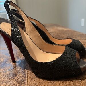 Christian Louboutin Black Glitter Peep-Toe Heels sparkle